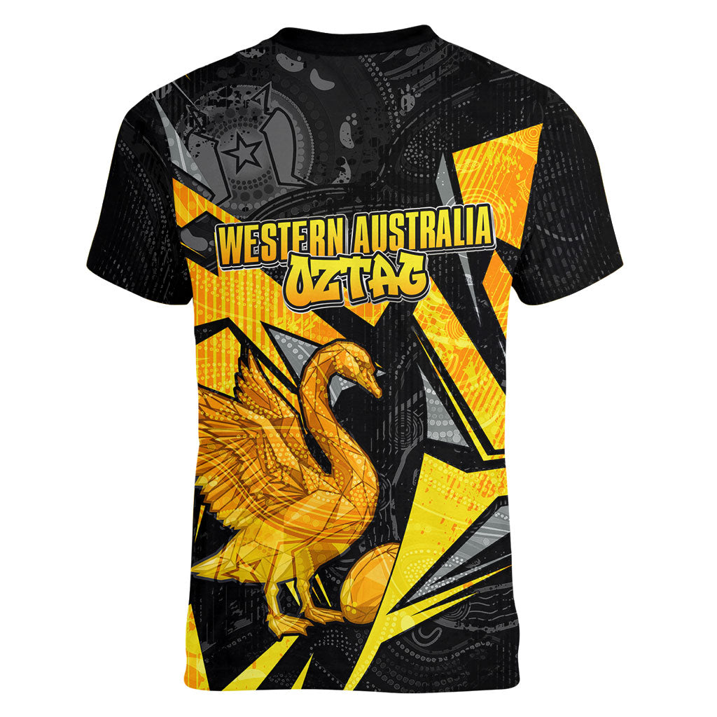 Personalised Western Australia Oztag Swan Women V-Neck T-Shirt Black Gold Geometric Swan Aboriginal