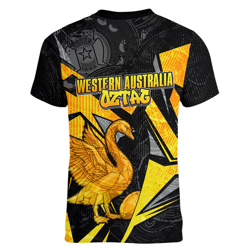 Personalised Western Australia Oztag Swan Women V-Neck T-Shirt Black Gold Geometric Swan Aboriginal