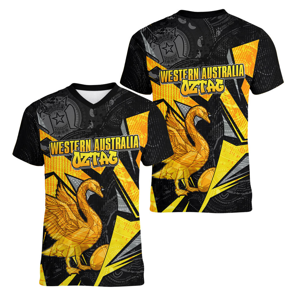 Personalised Western Australia Oztag Swan Women V-Neck T-Shirt Black Gold Geometric Swan Aboriginal