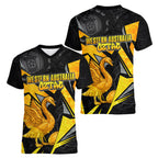 Personalised Western Australia Oztag Swan Women V-Neck T-Shirt Black Gold Geometric Swan Aboriginal