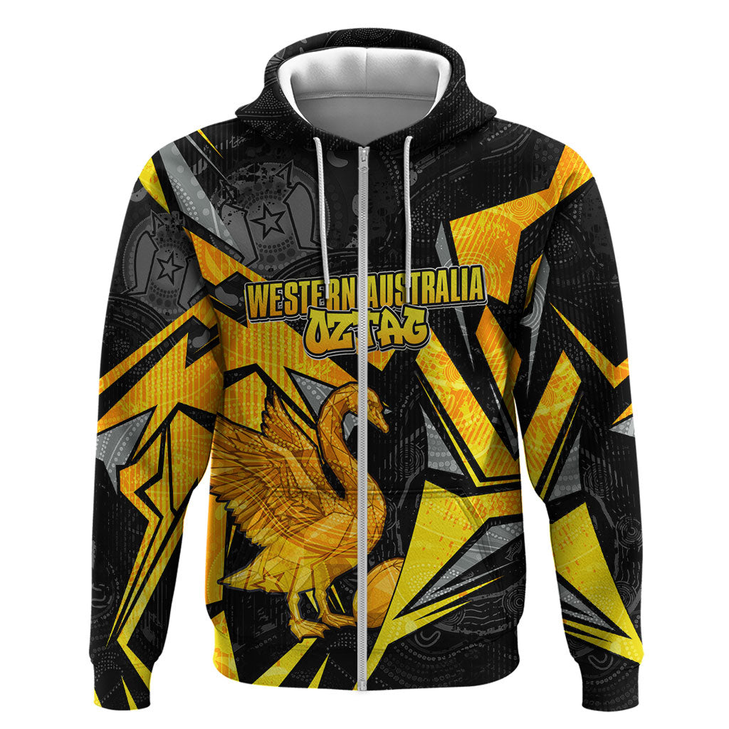 Personalised Western Australia Oztag Swan Zip Hoodie Black Gold Geometric Swan Aboriginal
