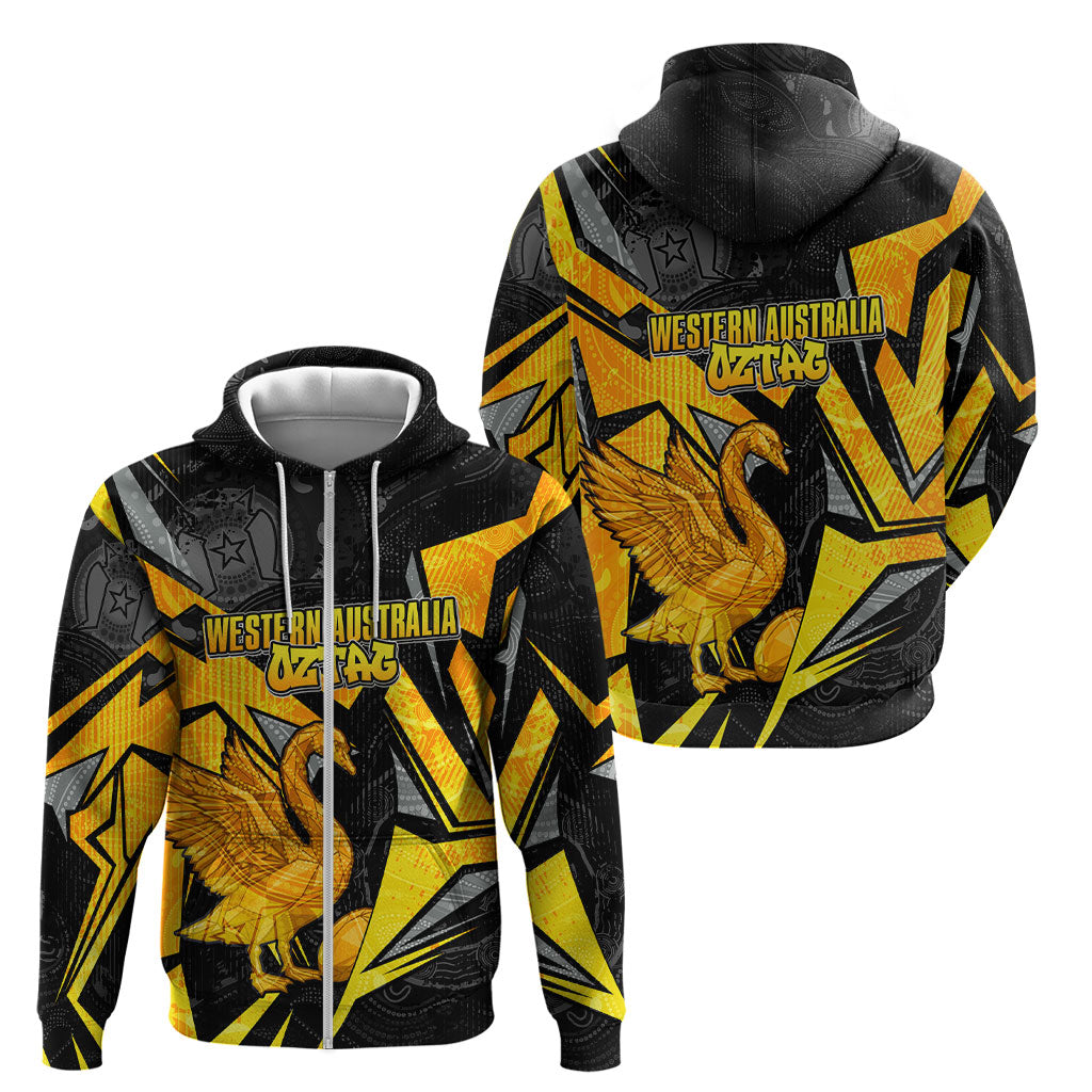 Personalised Western Australia Oztag Swan Zip Hoodie Black Gold Geometric Swan Aboriginal
