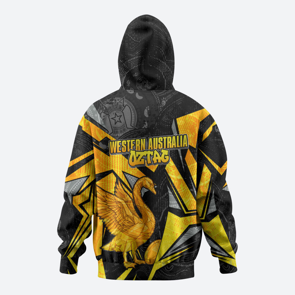 Personalised Western Australia Oztag Swan Zip Hoodie Black Gold Geometric Swan Aboriginal