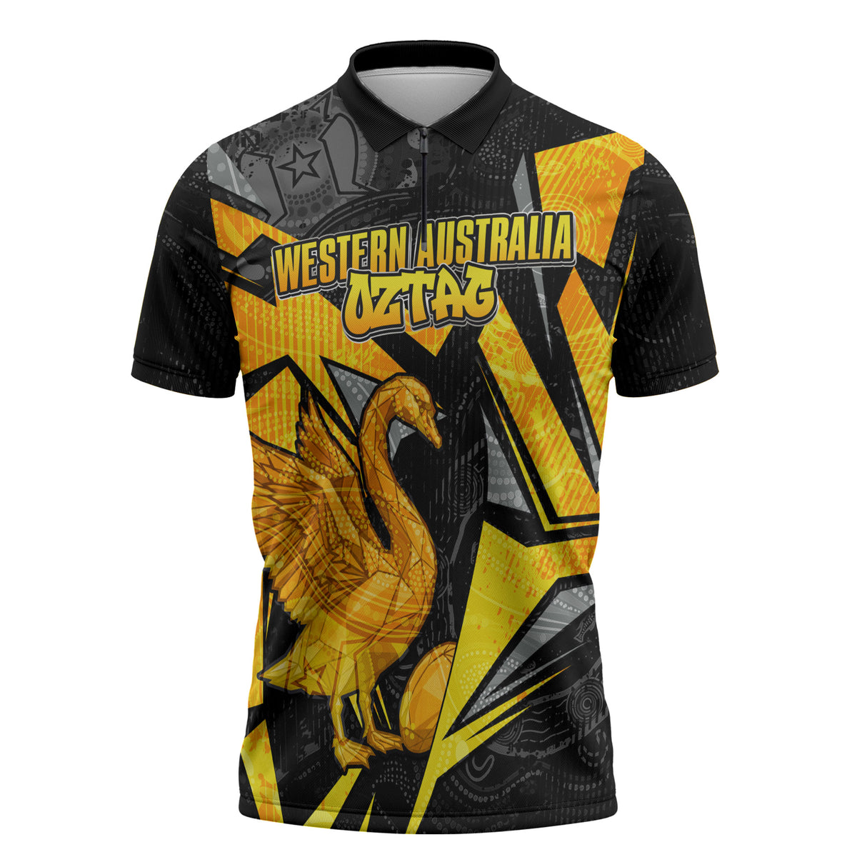 Personalised Western Australia Oztag Swan Zipper Polo Shirt Black Gold Geometric Swan Aboriginal