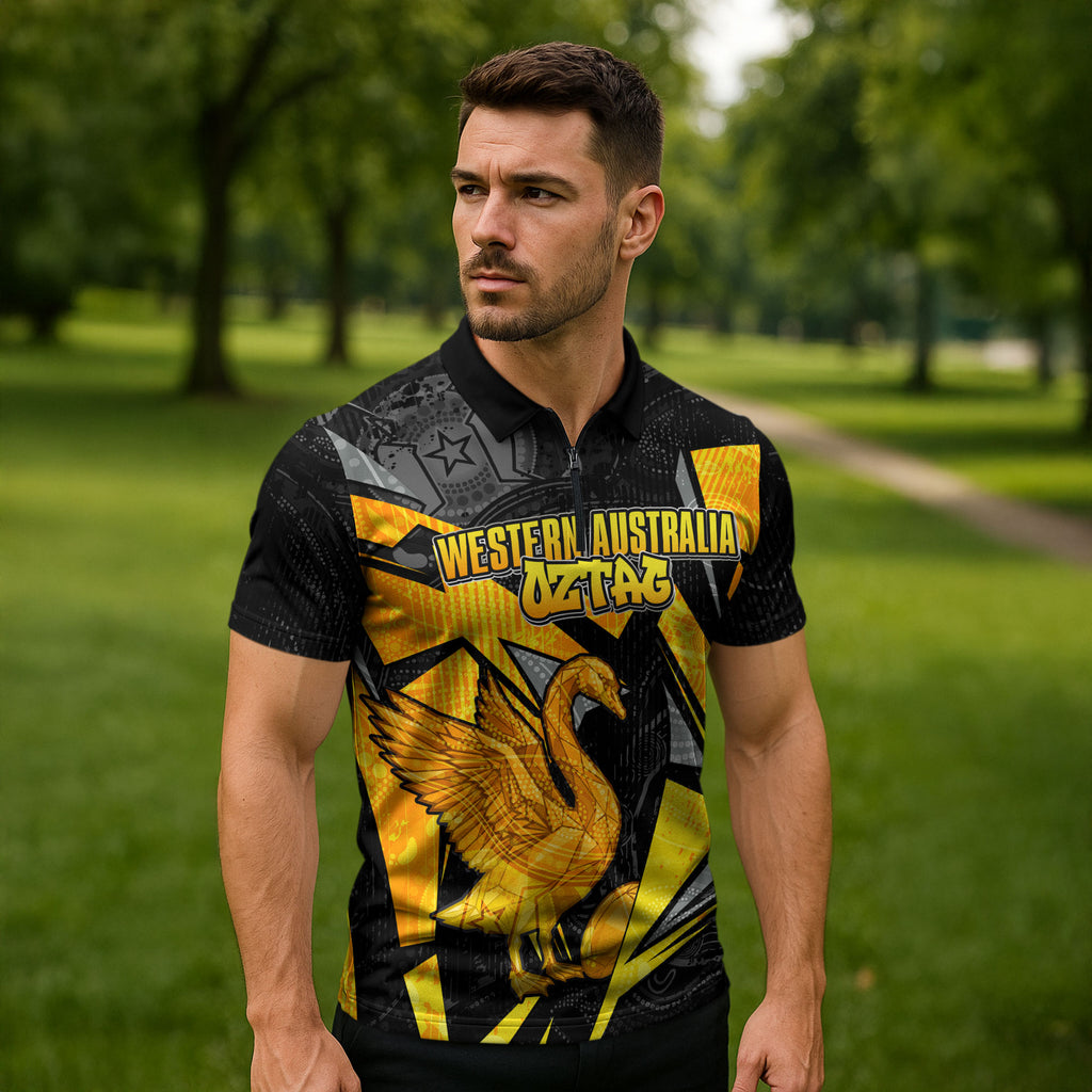 Personalised Western Australia Oztag Swan Zipper Polo Shirt Black Gold Geometric Swan Aboriginal