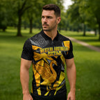 Personalised Western Australia Oztag Swan Zipper Polo Shirt Black Gold Geometric Swan Aboriginal