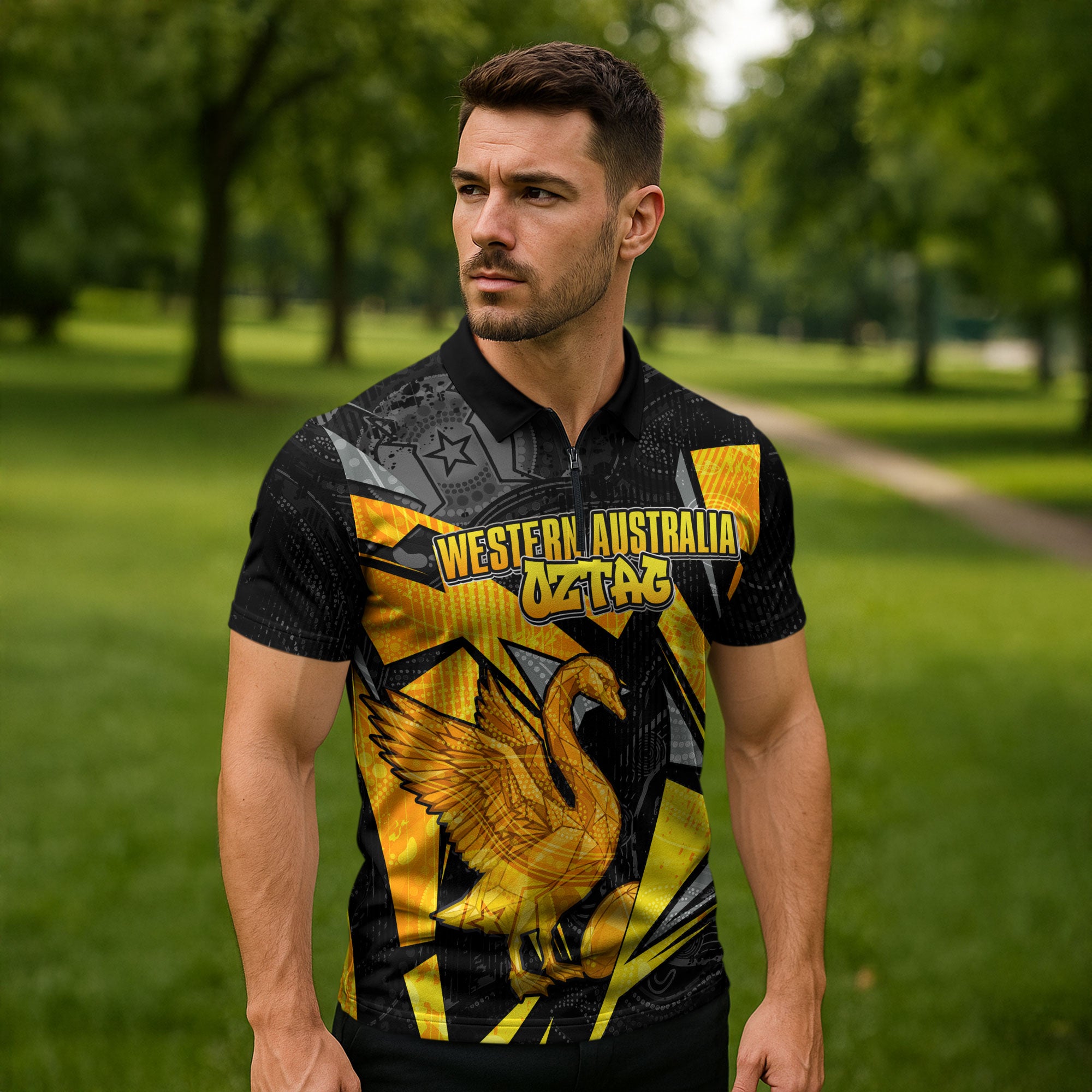 Personalised Western Australia Oztag Swan Zipper Polo Shirt Black Gold Geometric Swan Aboriginal