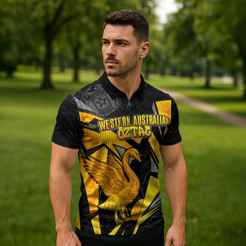 Personalised Western Australia Oztag Swan Zipper Polo Shirt Black Gold Geometric Swan Aboriginal