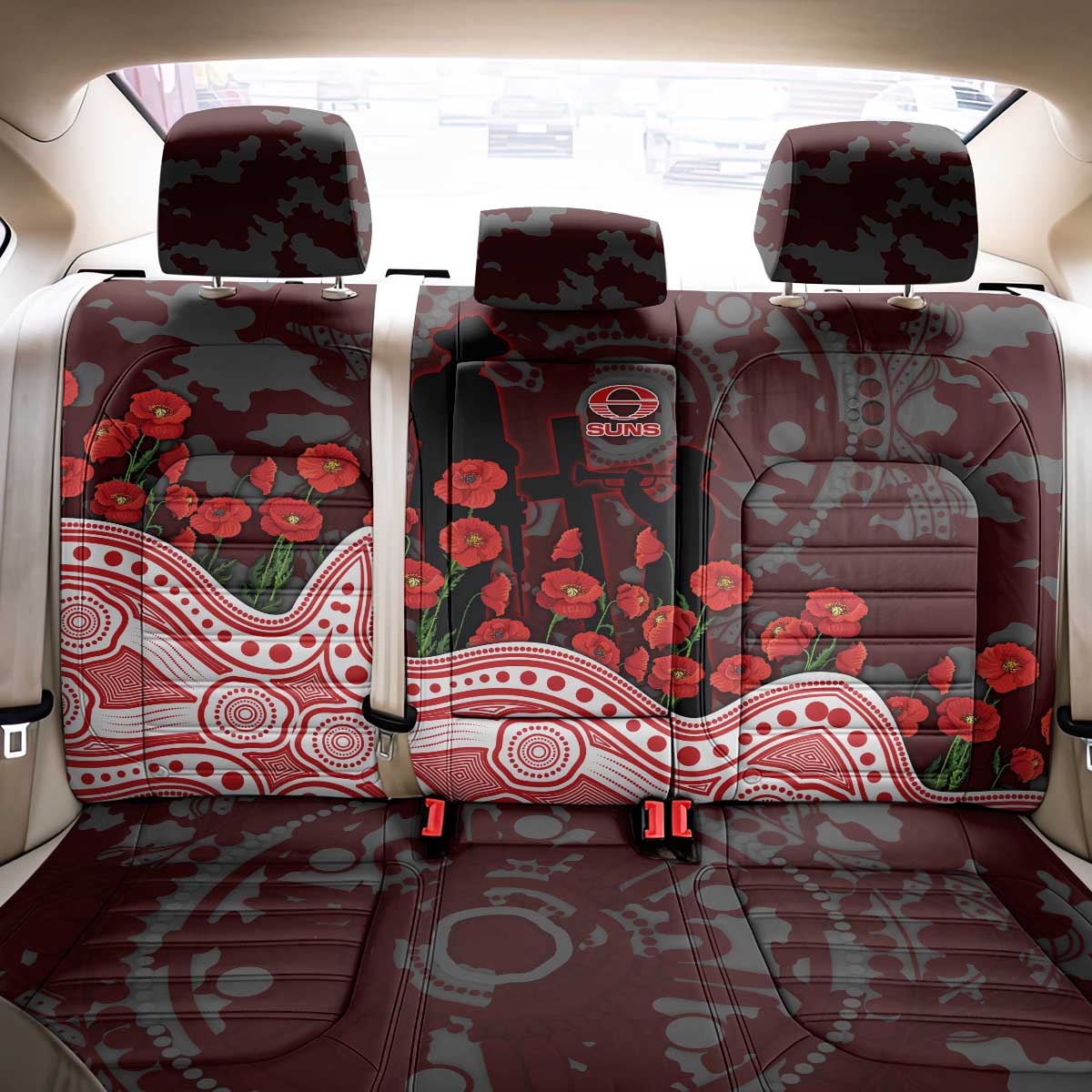 Gold Coast Suns ANZAC Day Back Car Seat Cover Indigenous Dot Art with Poppy Flower Tribute