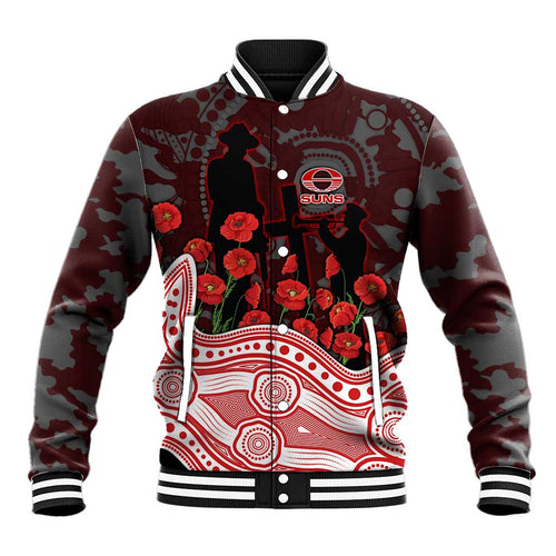 Gold Coast Suns ANZAC Day Baseball Jacket Indigenous Dot Art with Poppy Flower Tribute