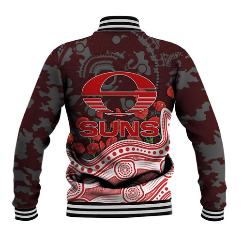 Gold Coast Suns ANZAC Day Baseball Jacket Indigenous Dot Art with Poppy Flower Tribute
