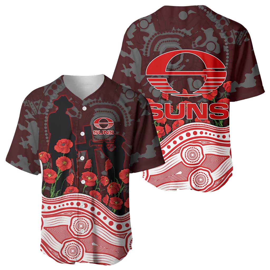 Gold Coast Suns ANZAC Day Baseball Jersey Indigenous Dot Art with Poppy Flower Tribute