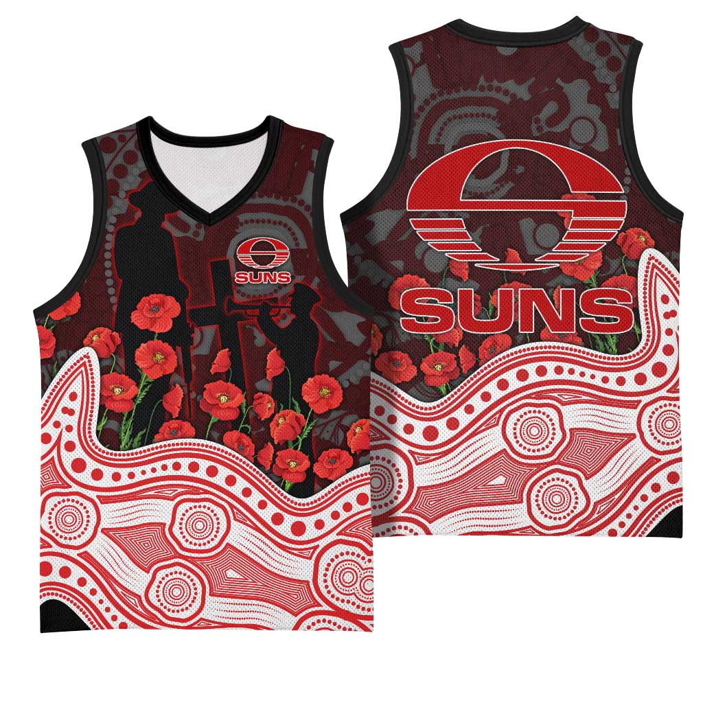 Gold Coast Suns ANZAC Day Basketball Jersey Indigenous Dot Art with Poppy Flower Tribute