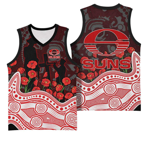 Gold Coast Suns ANZAC Day Basketball Jersey Indigenous Dot Art with Poppy Flower Tribute
