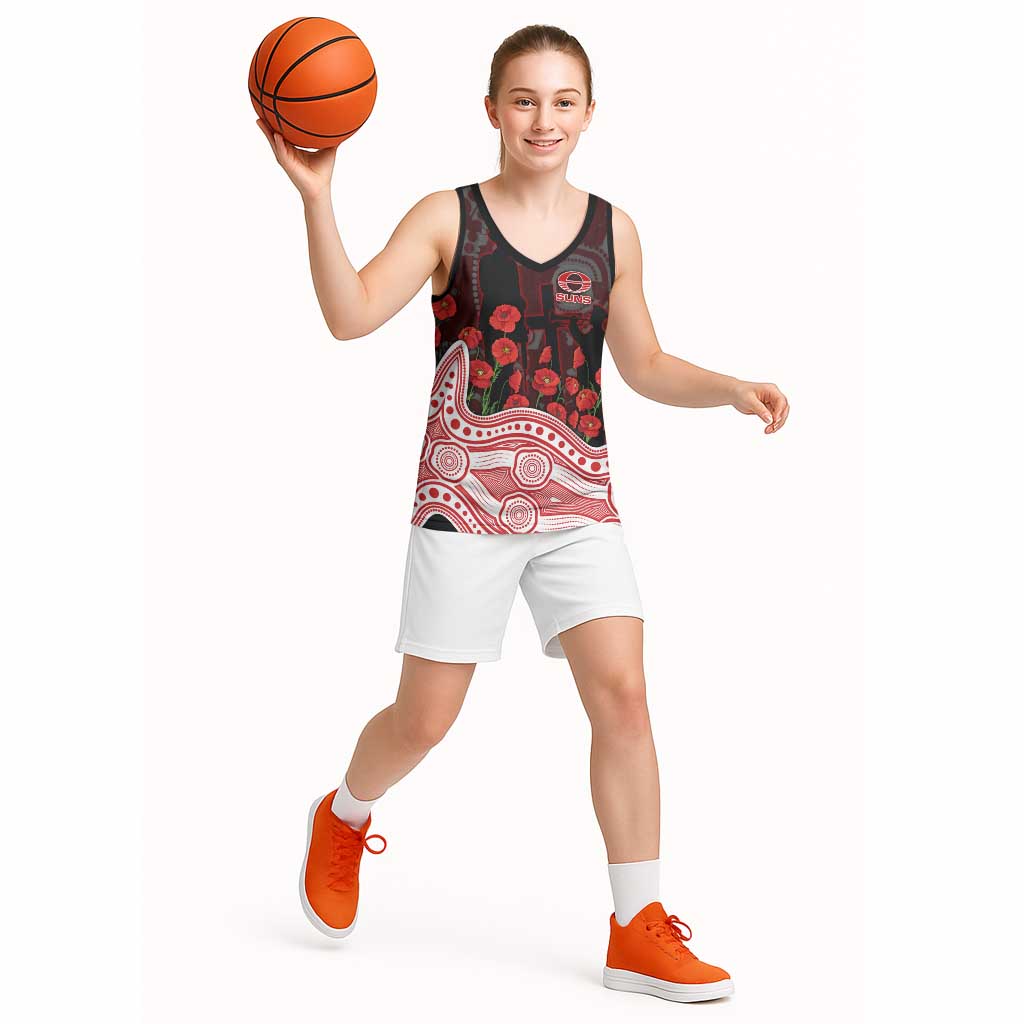 Gold Coast Suns ANZAC Day Basketball Jersey Indigenous Dot Art with Poppy Flower Tribute