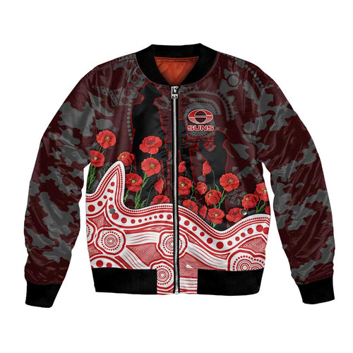 Gold Coast Suns ANZAC Day Bomber Jacket Indigenous Dot Art with Poppy Flower Tribute