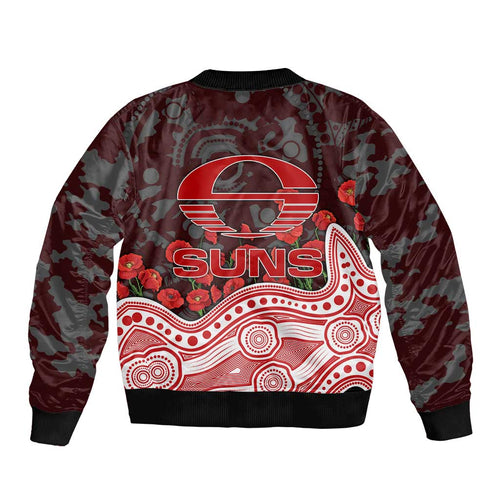 Gold Coast Suns ANZAC Day Bomber Jacket Indigenous Dot Art with Poppy Flower Tribute