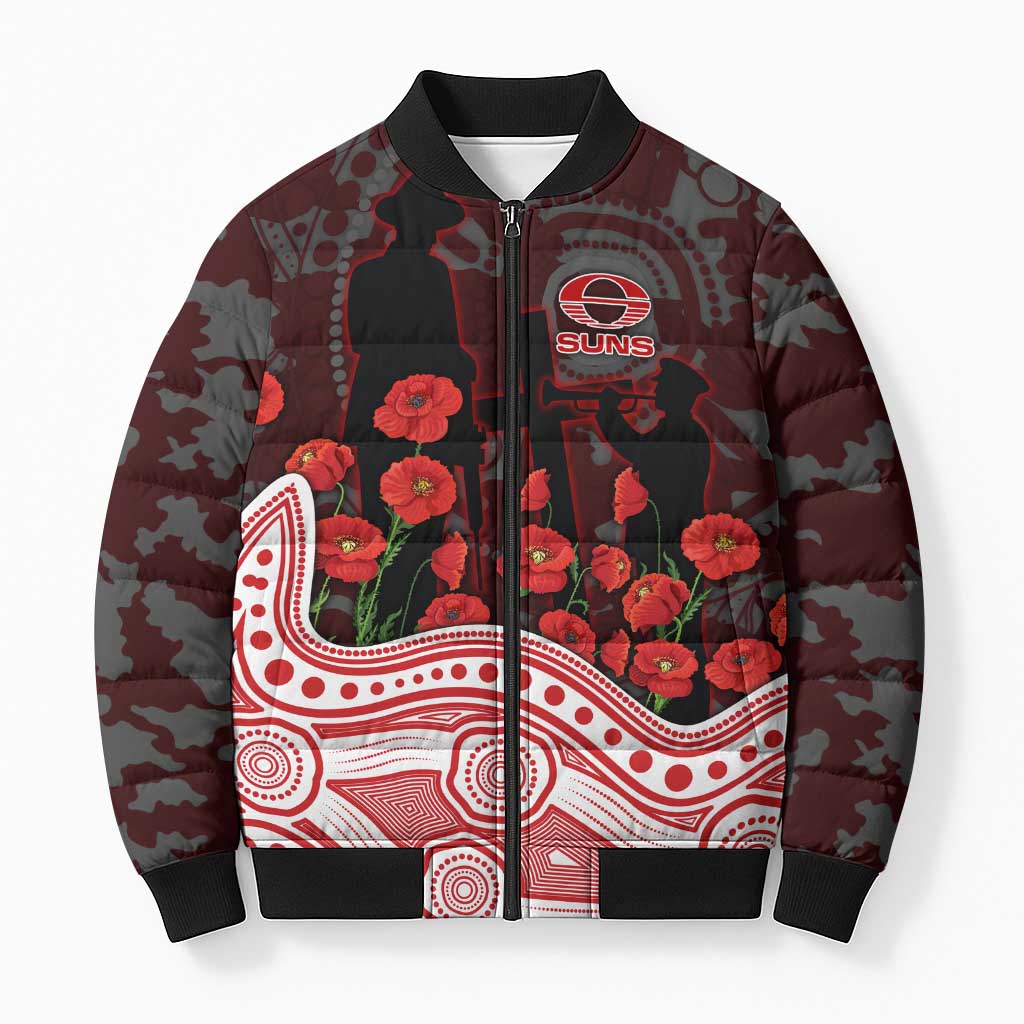 Gold Coast Suns ANZAC Day Bomber Puffer Jacket Indigenous Dot Art with Poppy Flower Tribute