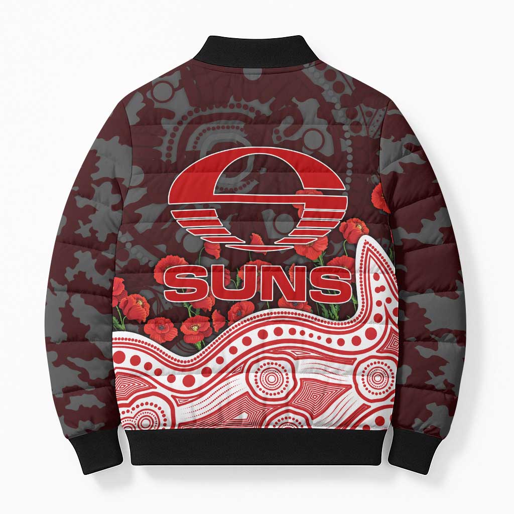 Gold Coast Suns ANZAC Day Bomber Puffer Jacket Indigenous Dot Art with Poppy Flower Tribute