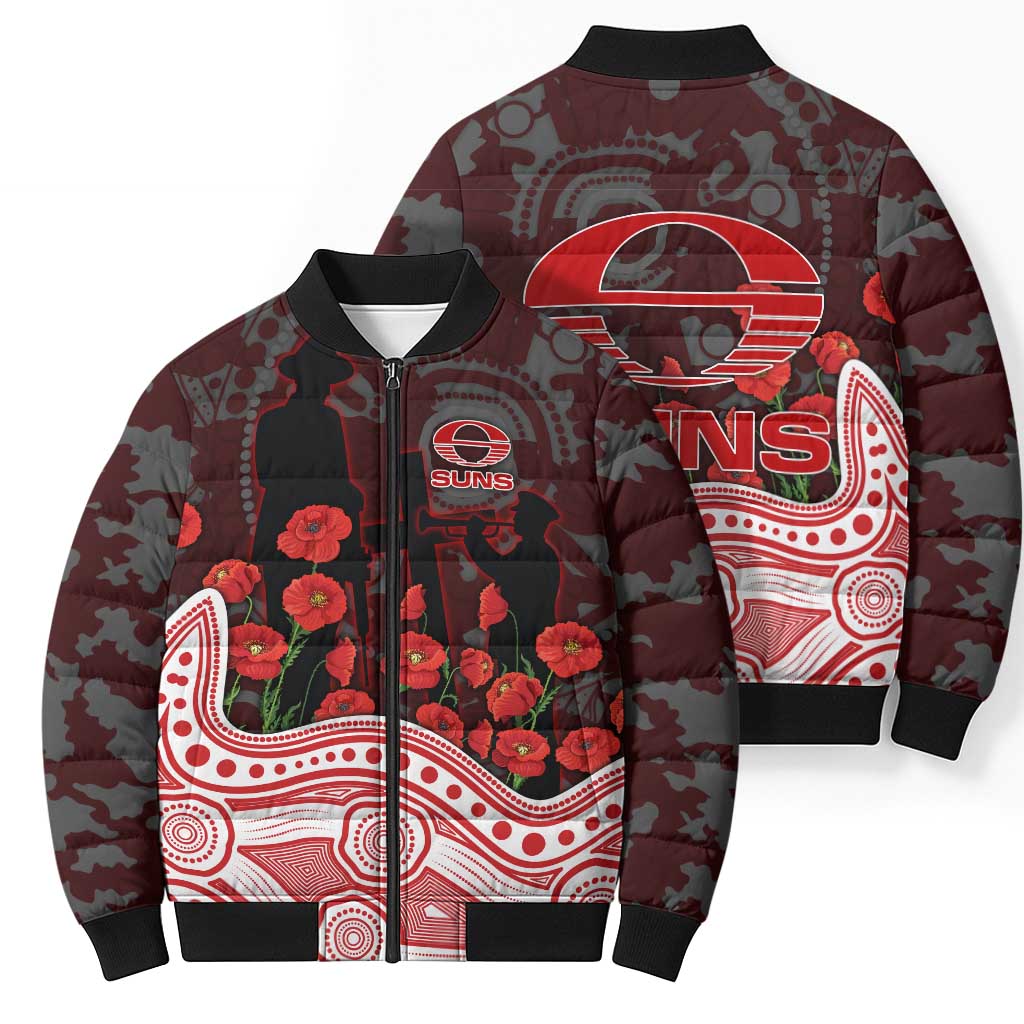 Gold Coast Suns ANZAC Day Bomber Puffer Jacket Indigenous Dot Art with Poppy Flower Tribute