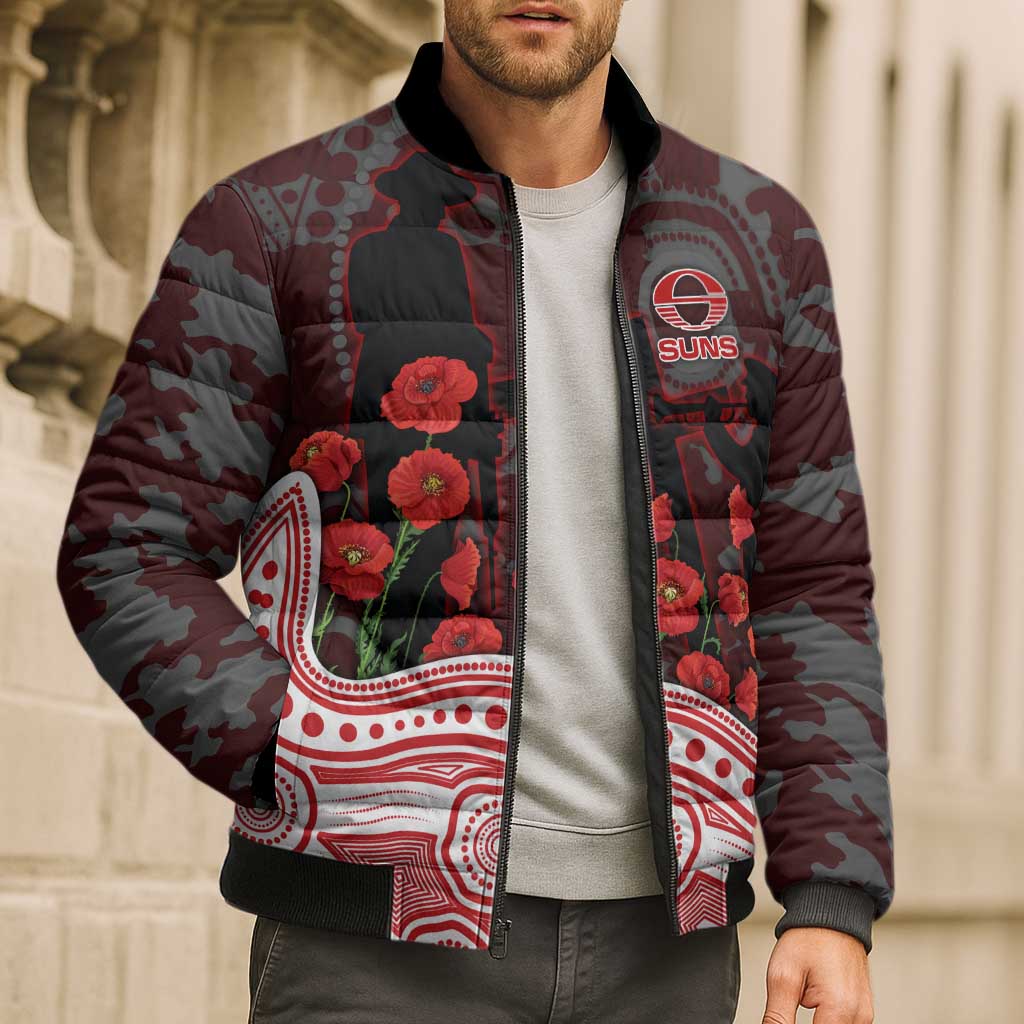 Gold Coast Suns ANZAC Day Bomber Puffer Jacket Indigenous Dot Art with Poppy Flower Tribute