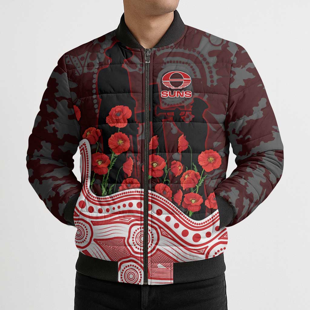 Gold Coast Suns ANZAC Day Bomber Puffer Jacket Indigenous Dot Art with Poppy Flower Tribute