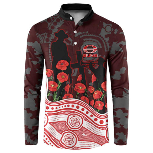 Gold Coast Suns ANZAC Day Button Sweatshirt Indigenous Dot Art with Poppy Flower Tribute