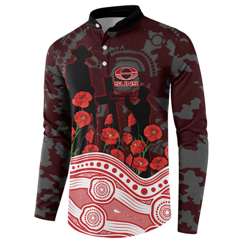 Gold Coast Suns ANZAC Day Button Sweatshirt Indigenous Dot Art with Poppy Flower Tribute
