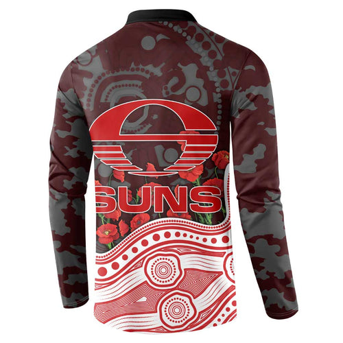 Gold Coast Suns ANZAC Day Button Sweatshirt Indigenous Dot Art with Poppy Flower Tribute