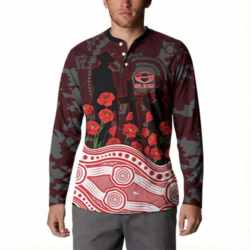 Gold Coast Suns ANZAC Day Button Sweatshirt Indigenous Dot Art with Poppy Flower Tribute