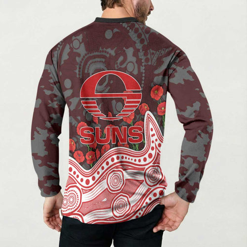 Gold Coast Suns ANZAC Day Button Sweatshirt Indigenous Dot Art with Poppy Flower Tribute