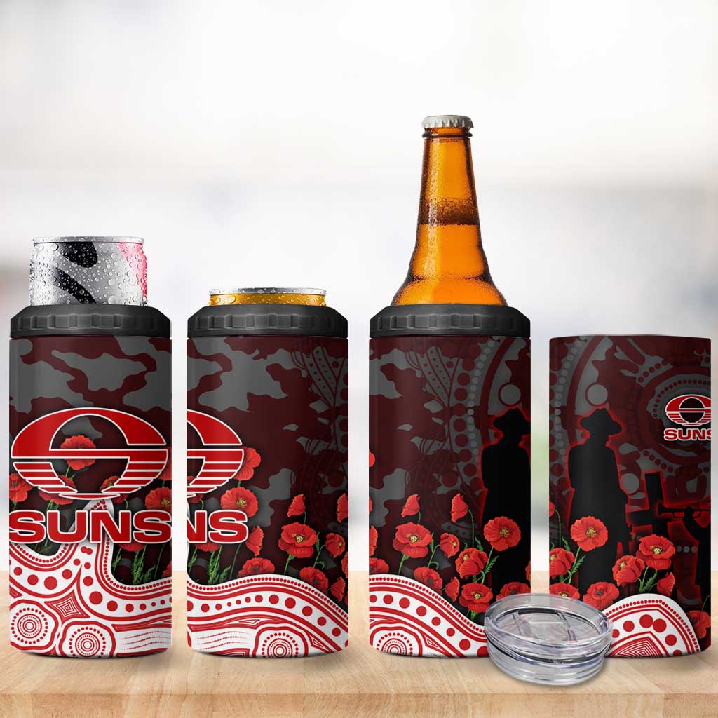 Gold Coast Suns ANZAC Day 4 in 1 Can Cooler Tumbler Indigenous Dot Art with Poppy Flower Tribute