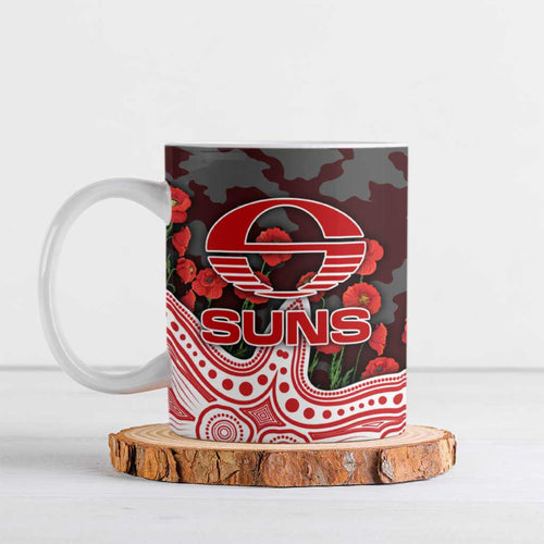 Gold Coast Suns ANZAC Day Ceramic Mug Indigenous Dot Art with Poppy Flower Tribute