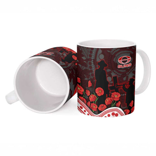 Gold Coast Suns ANZAC Day Ceramic Mug Indigenous Dot Art with Poppy Flower Tribute