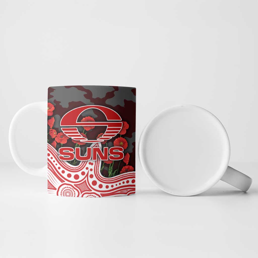 Gold Coast Suns ANZAC Day Ceramic Mug Indigenous Dot Art with Poppy Flower Tribute