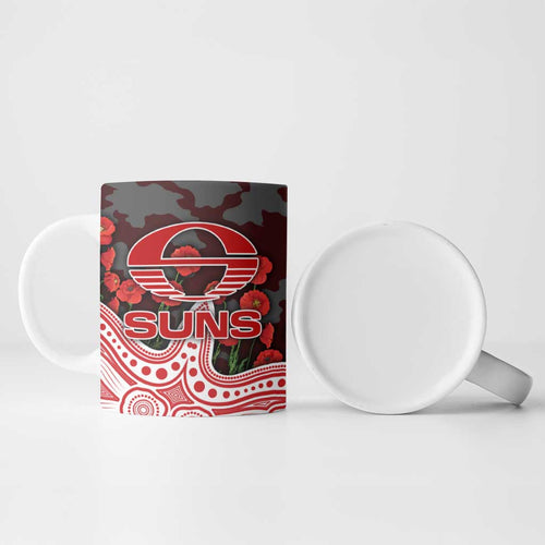 Gold Coast Suns ANZAC Day Ceramic Mug Indigenous Dot Art with Poppy Flower Tribute