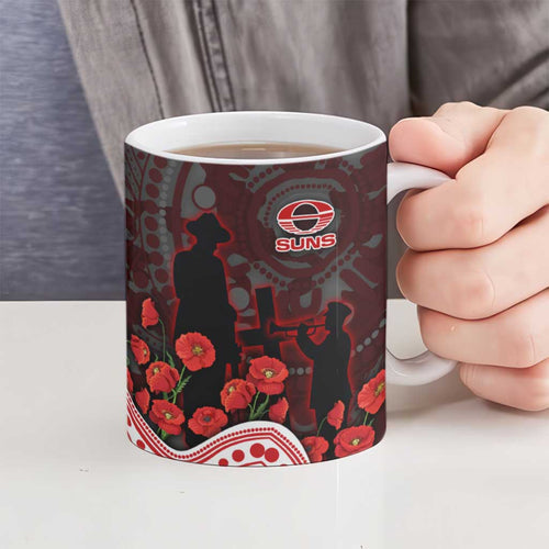 Gold Coast Suns ANZAC Day Ceramic Mug Indigenous Dot Art with Poppy Flower Tribute