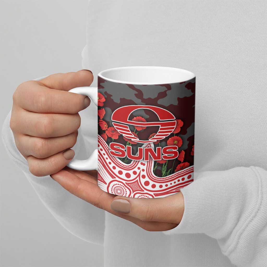 Gold Coast Suns ANZAC Day Ceramic Mug Indigenous Dot Art with Poppy Flower Tribute