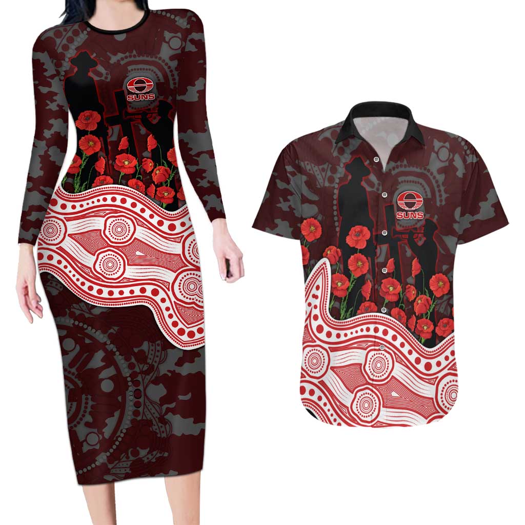Gold Coast Suns ANZAC Day Couples Matching Long Sleeve Bodycon Dress and Hawaiian Shirt Indigenous Dot Art with Poppy Flower Tribute