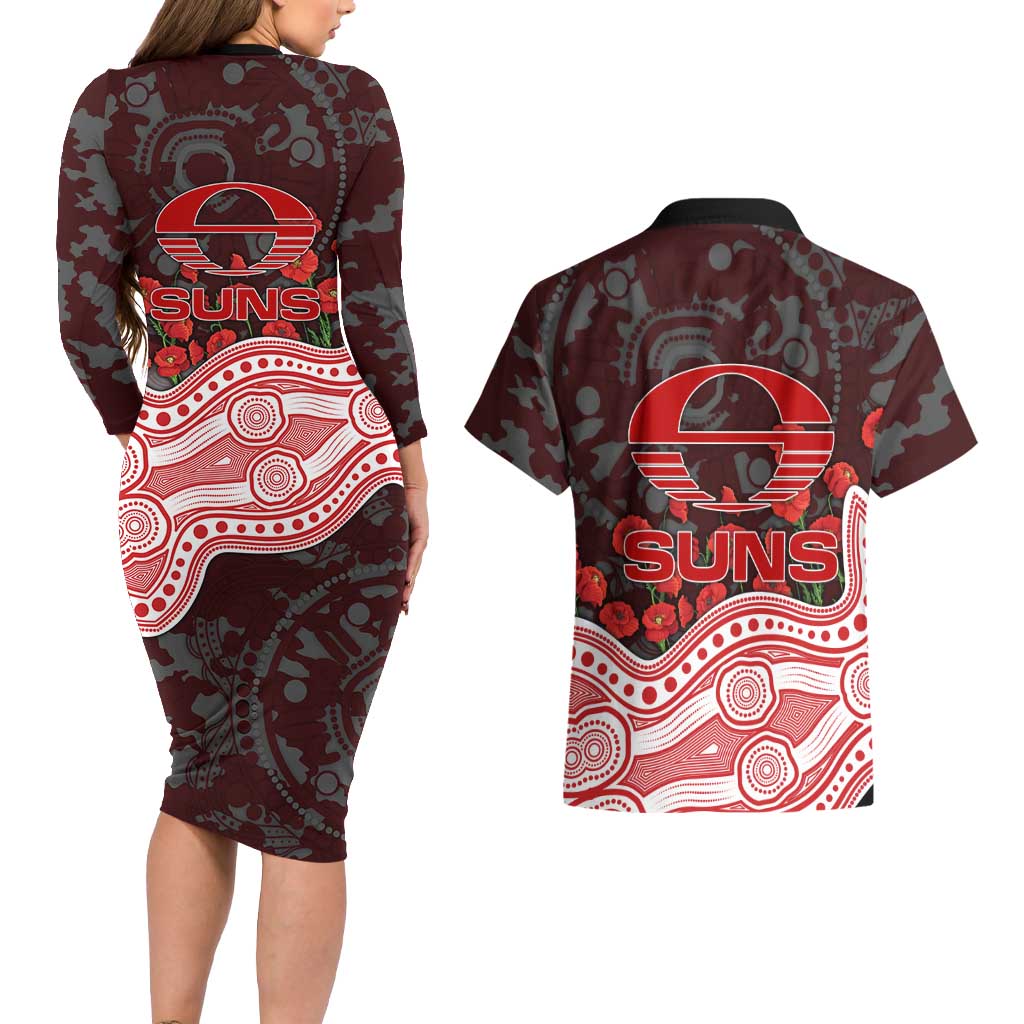 Gold Coast Suns ANZAC Day Couples Matching Long Sleeve Bodycon Dress and Hawaiian Shirt Indigenous Dot Art with Poppy Flower Tribute