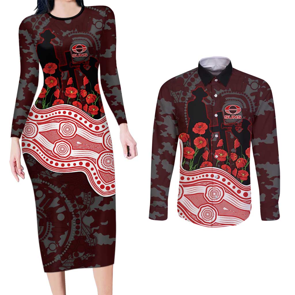 Gold Coast Suns ANZAC Day Couples Matching Long Sleeve Bodycon Dress and Long Sleeve Button Shirt Indigenous Dot Art with Poppy Flower Tribute