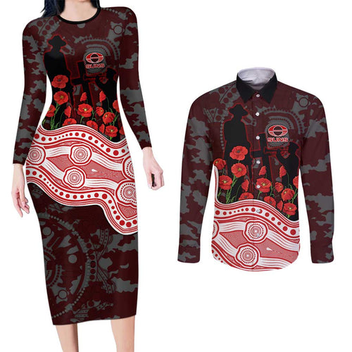 Gold Coast Suns ANZAC Day Couples Matching Long Sleeve Bodycon Dress and Long Sleeve Button Shirt Indigenous Dot Art with Poppy Flower Tribute