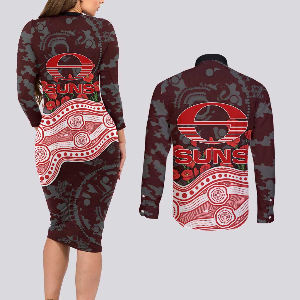 Gold Coast Suns ANZAC Day Couples Matching Long Sleeve Bodycon Dress and Long Sleeve Button Shirt Indigenous Dot Art with Poppy Flower Tribute