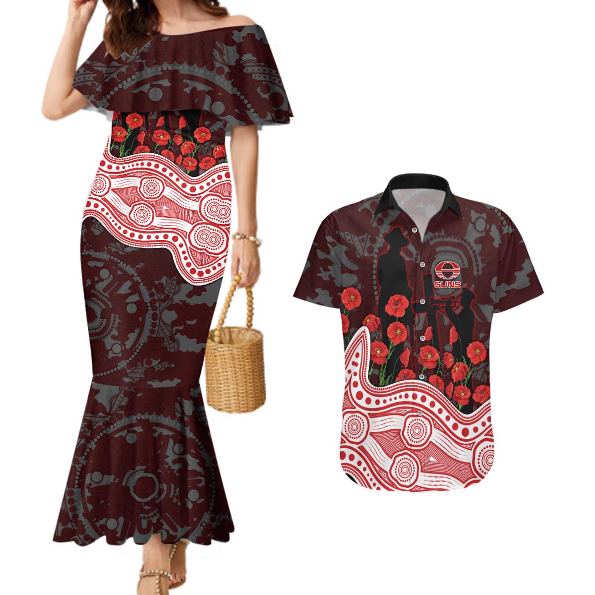 Gold Coast Suns ANZAC Day Couples Matching Mermaid Dress and Hawaiian Shirt Indigenous Dot Art with Poppy Flower Tribute