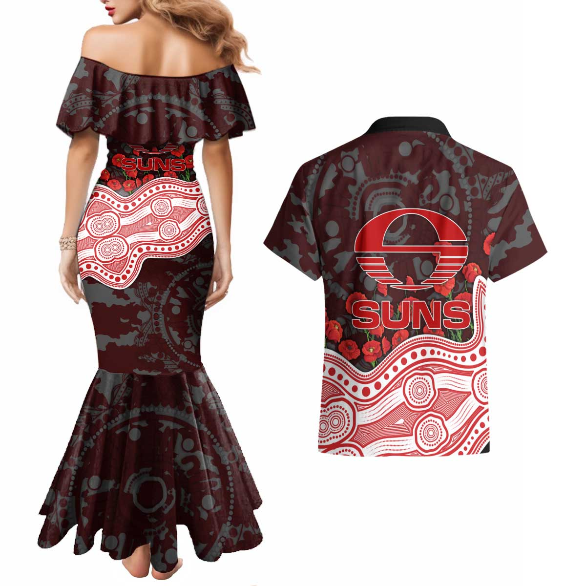 Gold Coast Suns ANZAC Day Couples Matching Mermaid Dress and Hawaiian Shirt Indigenous Dot Art with Poppy Flower Tribute