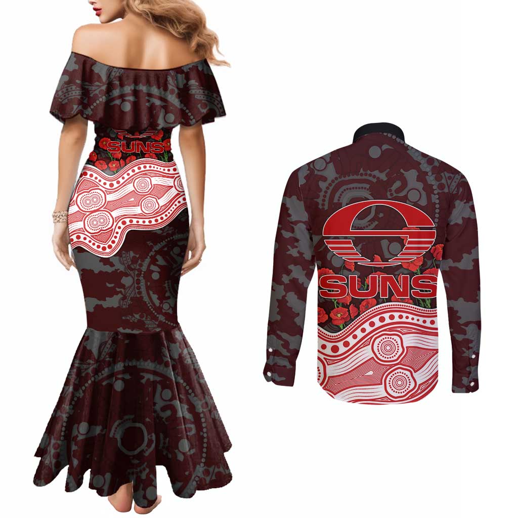Gold Coast Suns ANZAC Day Couples Matching Mermaid Dress and Long Sleeve Button Shirt Indigenous Dot Art with Poppy Flower Tribute