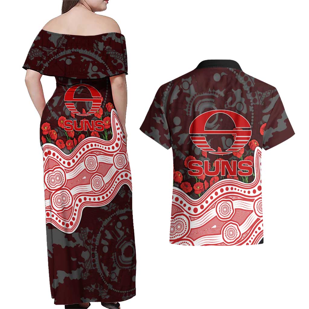 Gold Coast Suns ANZAC Day Couples Matching Off Shoulder Maxi Dress and Hawaiian Shirt Indigenous Dot Art with Poppy Flower Tribute