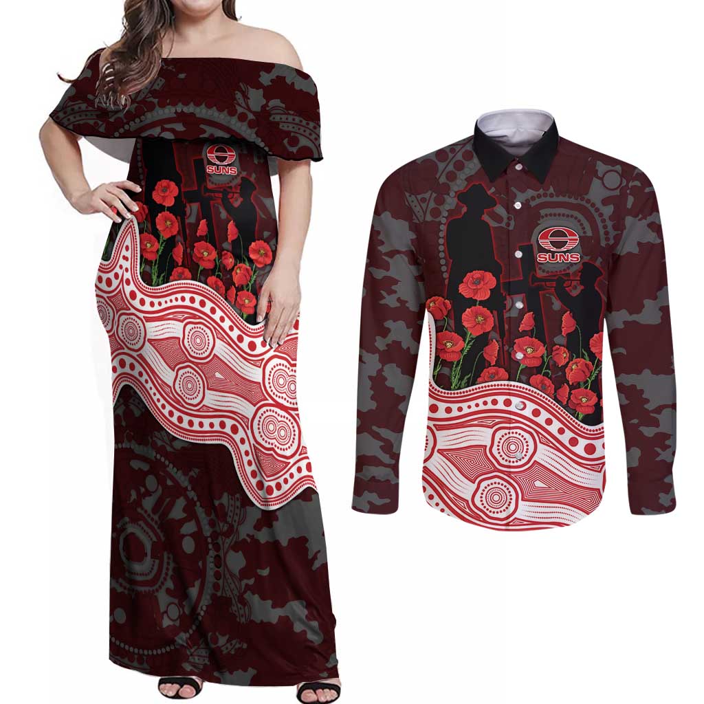 Gold Coast Suns ANZAC Day Couples Matching Off Shoulder Maxi Dress and Long Sleeve Button Shirt Indigenous Dot Art with Poppy Flower Tribute