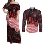 Gold Coast Suns ANZAC Day Couples Matching Off Shoulder Maxi Dress and Long Sleeve Button Shirt Indigenous Dot Art with Poppy Flower Tribute