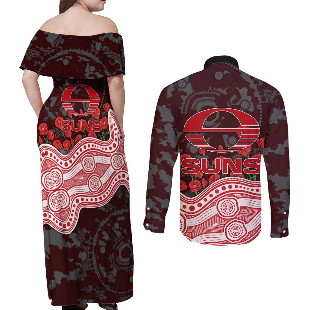 Gold Coast Suns ANZAC Day Couples Matching Off Shoulder Maxi Dress and Long Sleeve Button Shirt Indigenous Dot Art with Poppy Flower Tribute